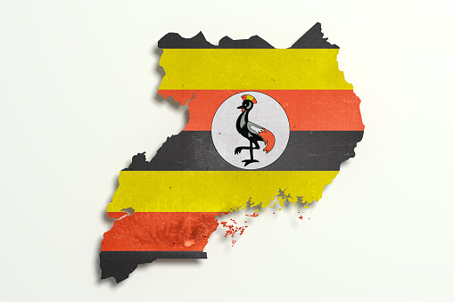 3d rendering of Uganda map and flag on white background