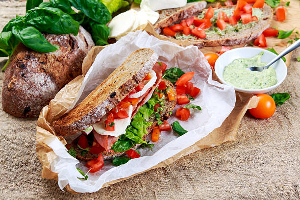 istock Fresh Sandwich with Bacon Lettuce Tomato and Mozzarella 579130416
