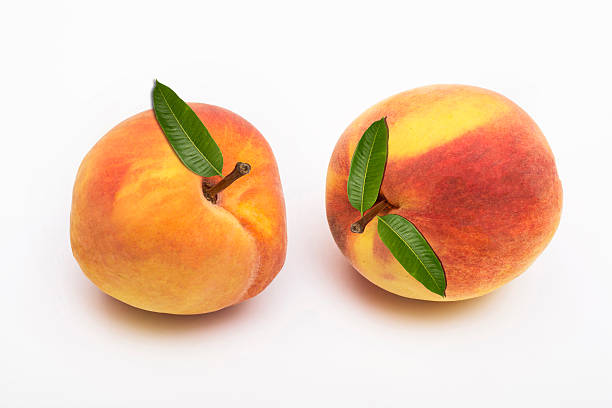 istock Two peach fruits with leaf isolated on white background 579130738