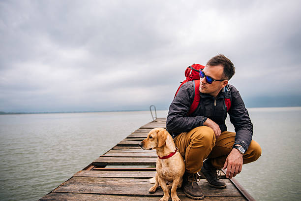 man with his dog sitting on dock - wood tranquil scene serene people lake imagens e fotografias de stock