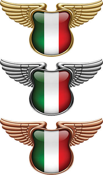 gold-, silber- und bronze-auszeichnungszeichen mit flügeln und italien-flagge - bronze silver gold perks stock-grafiken, -clipart, -cartoons und -symbole