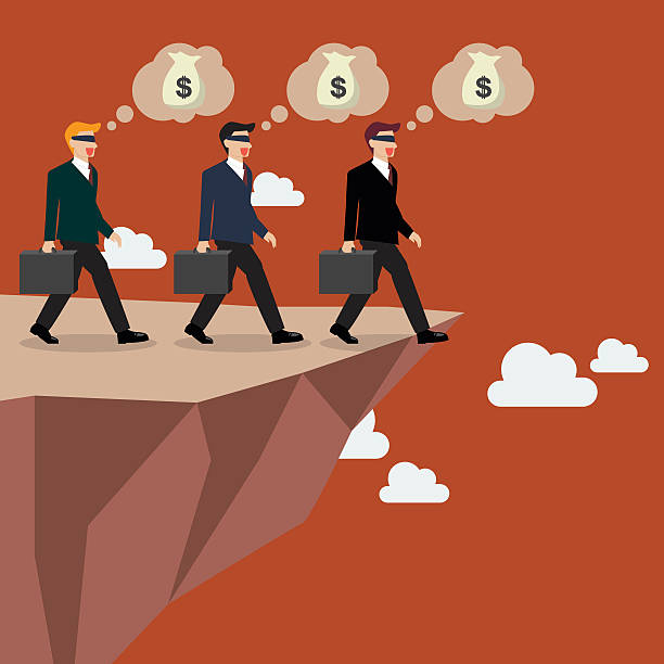 Businessmans walk straight into the abyss Businessmans walk straight into the abyss. Vector Illustration trapped fear people business stock illustrations