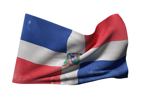 3d rendering of an old and dirty Dominican Republic flag waving on white background