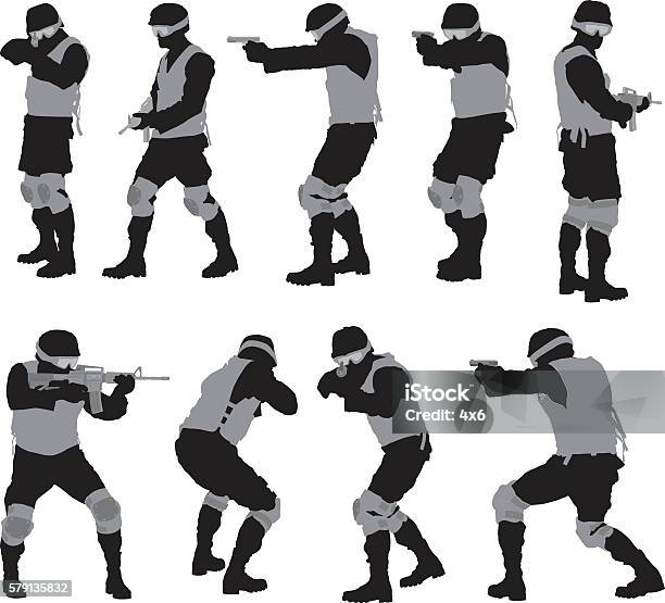 Army Man In Various Actions Stock Illustration - Download Image Now - Gun, Carrying, Men