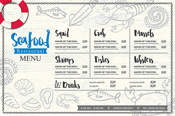 seafood restaurant placemat menu design vector template vector art illustration