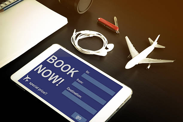 istock Travel agency website booking template on tablet screen. 579137736