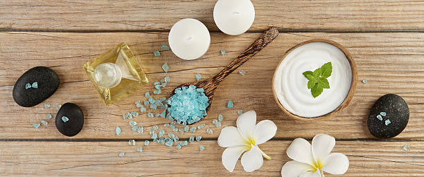 istock spa setting concept with oil bottle, blue salt sea 579138068