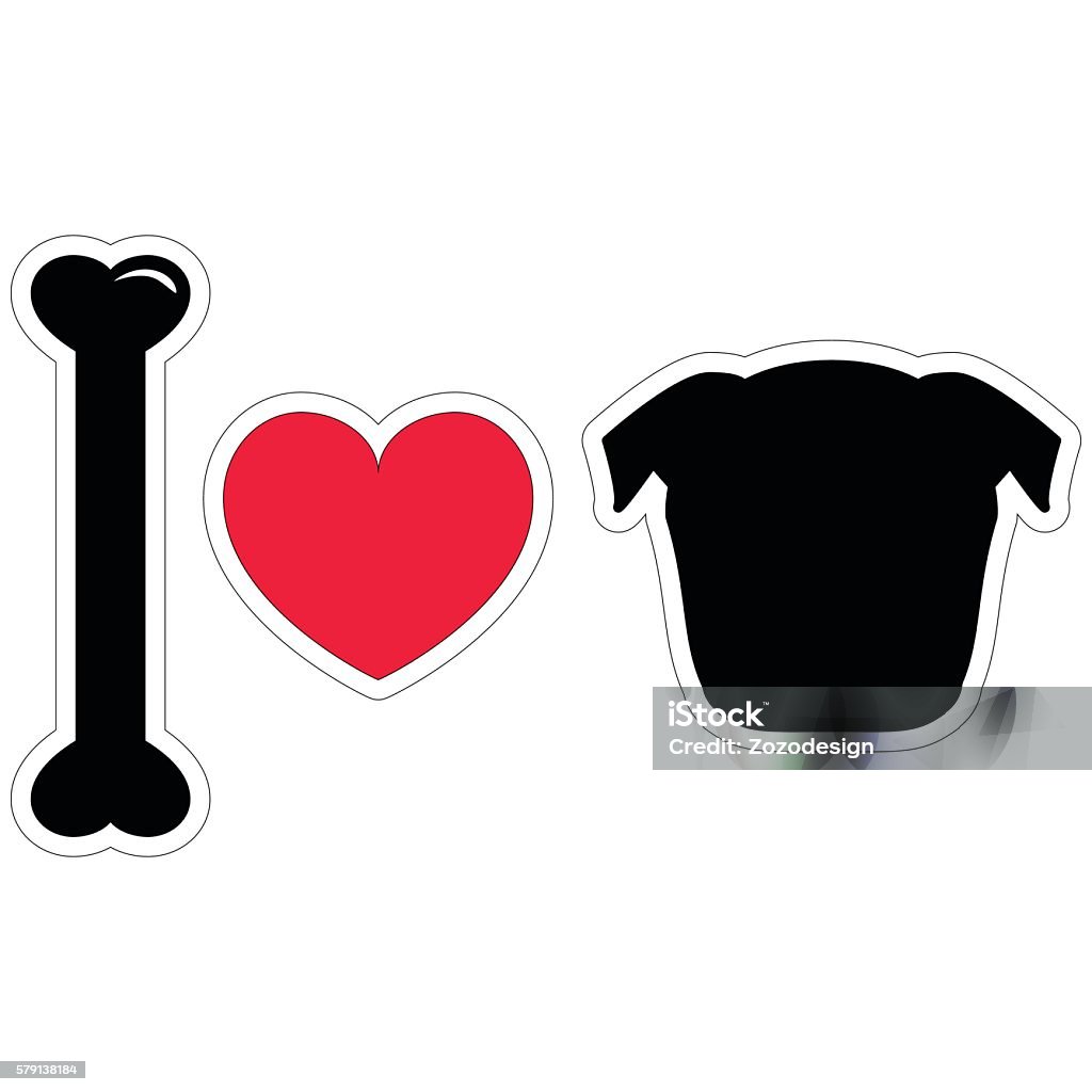 I love dogs, pugs sticker style in black and red I love dogs, pugs sticker style in black and red with heart element, bone Animal stock vector