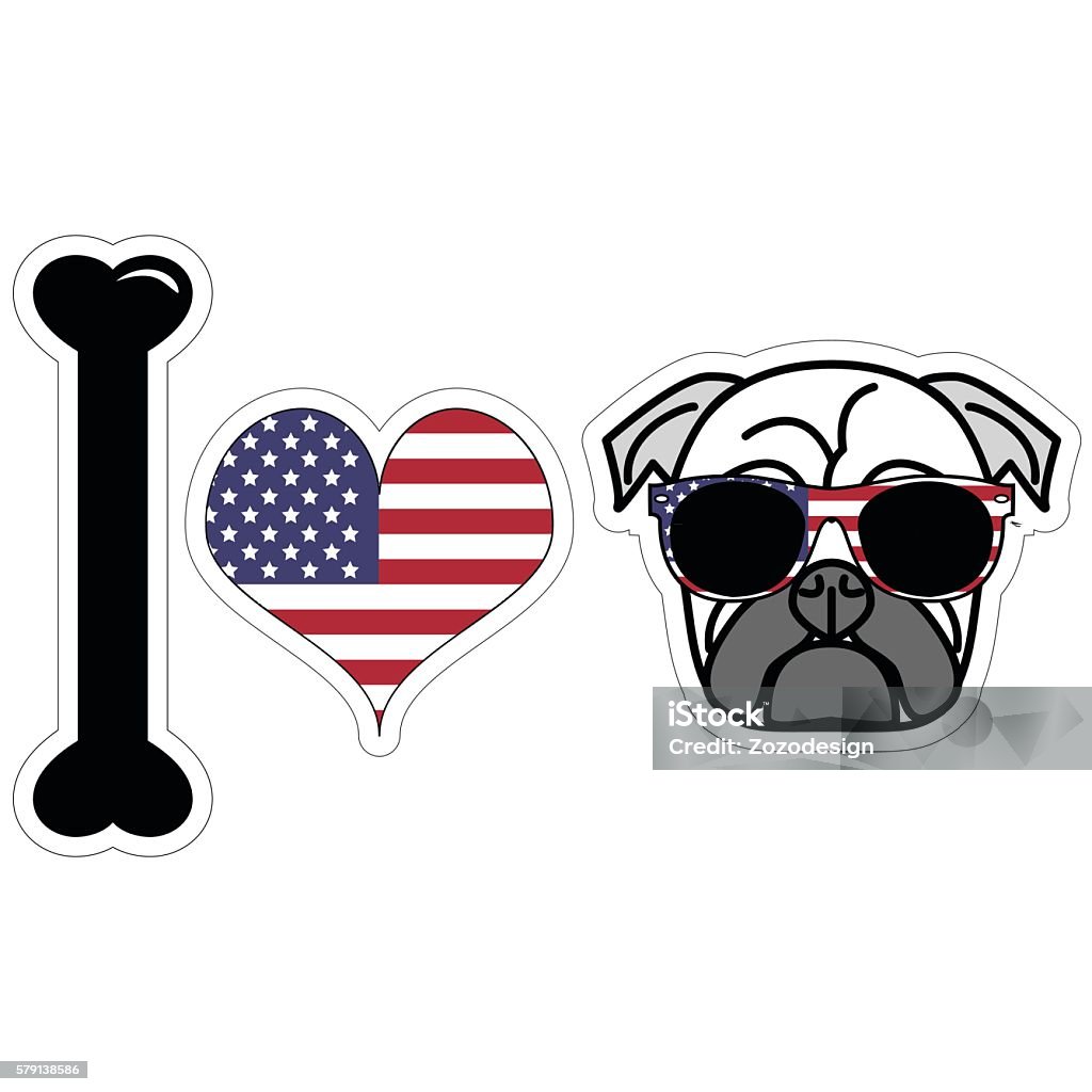 I love hipster pug illustration in color with American symbols I love hipster pug illustration in color with American symbols such as  American flag colors and elements : white and red stripes and white stars on blue background , symbolizing Independence day in sticker style  Bumper Sticker stock vector