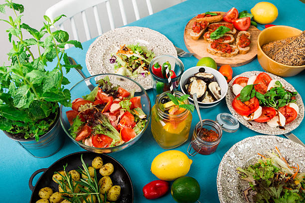 istock Nicely laid table with delicious food from an aerial view 579139842