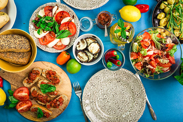 istock Nicely laid table with delicious food from an aerial view 579140130
