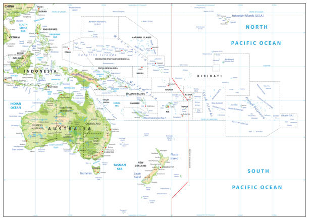 Relief Map of Oceania isolated on white Relief Map of Oceania isolated on white. Names, town marks and national borders are in separate layers. solomon stock illustrations