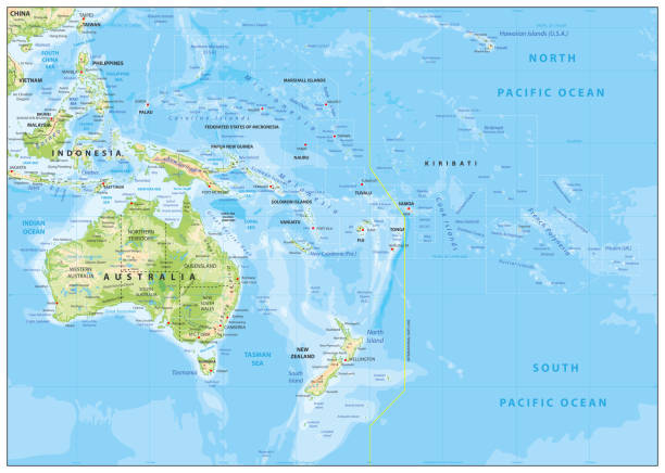 reliefkarte von ozeanien - hawaii inselgruppe stock-grafiken, -clipart, -cartoons und -symbole