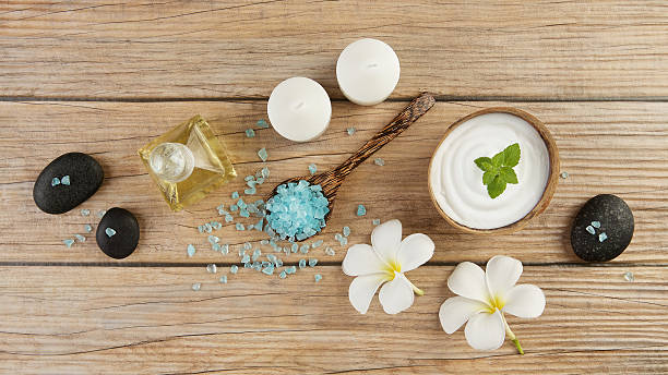 istock spa setting concept with oil bottle, blue salt sea 579141006