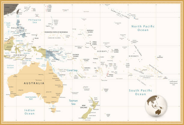Australia and Oceania detailed political map retro colors Australia and Oceania detailed political map retro colors. All elements are separated in editable layers clearly labeled. solomon stock illustrations