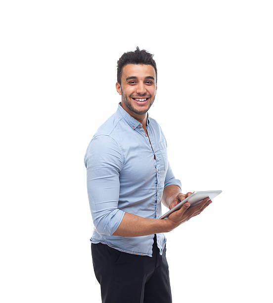 istock Handsome business man happy smile, businessman hold tablet pad computer 579143022