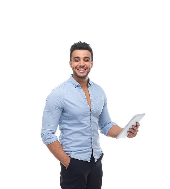 istock Handsome business man happy smile, businessman hold tablet pad computer 579143060