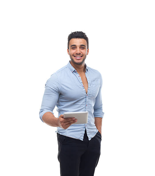 istock Handsome business man happy smile, businessman hold tablet pad computer 579143088
