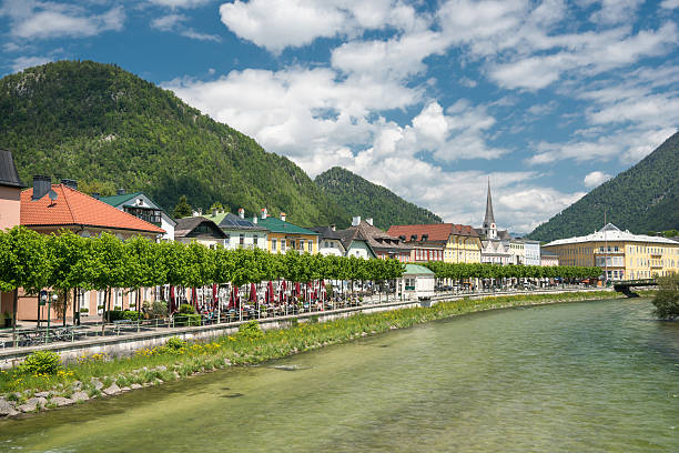 Promenade near the River Ischl in Bad Ischl, Austria stock photo