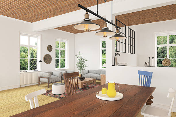 istock Wooden dining table with chairs close up 579143178