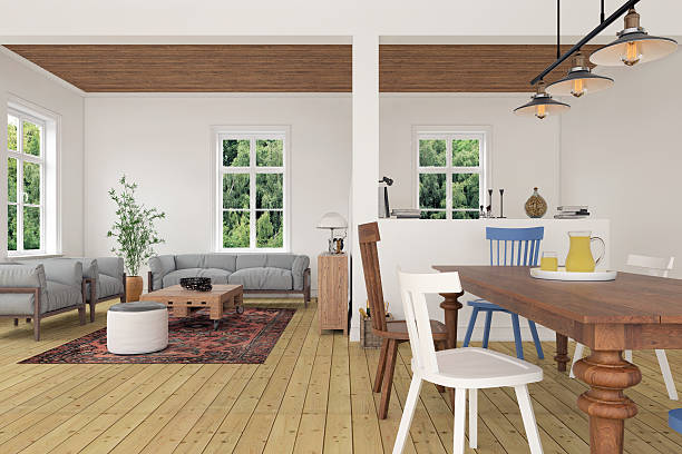 istock Modern living room with a dining table and a sofa 579143290
