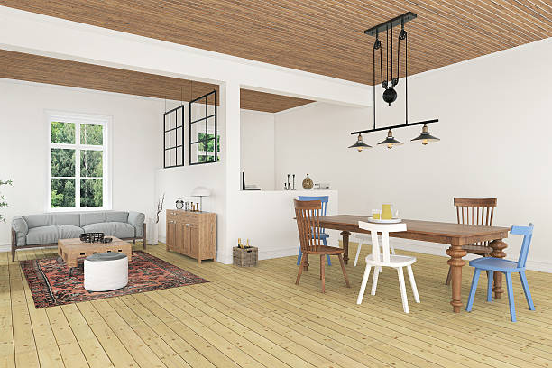 istock Modern living room with a dining table and a sofa 579143406