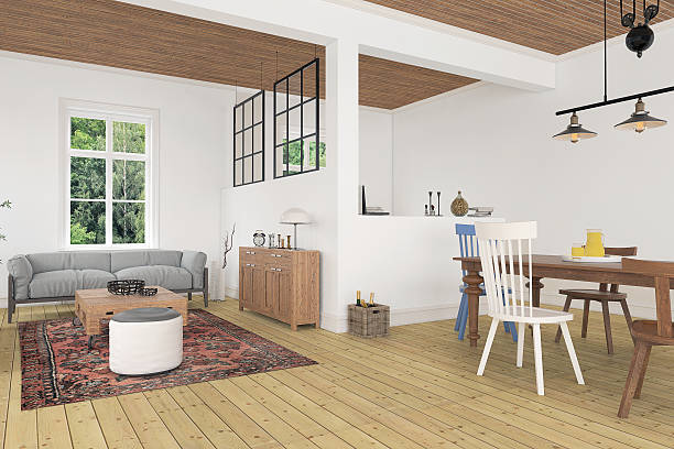 istock Modern living room with a dining table and a sofa 579143534