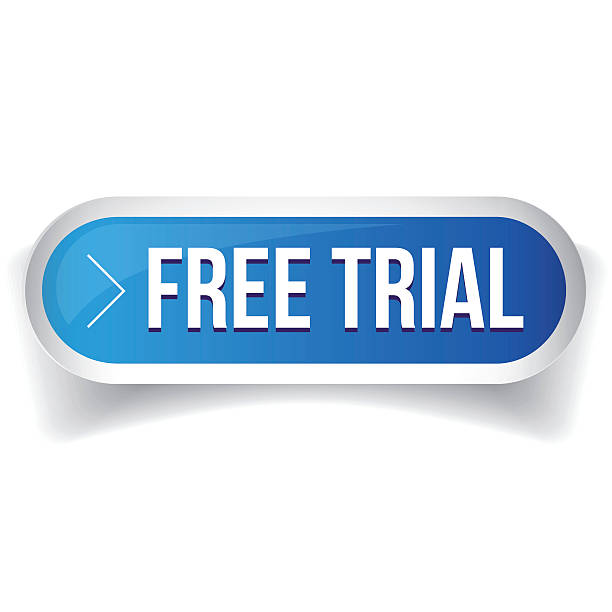 bezpłatna wersja próbna niebieskiego 3d realistyczny kwadratowy izolowany przycisk - proces stock illustrations