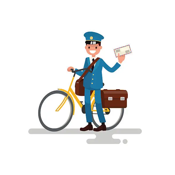 Vector illustration of Cheerful postman with the bike and the letter in his