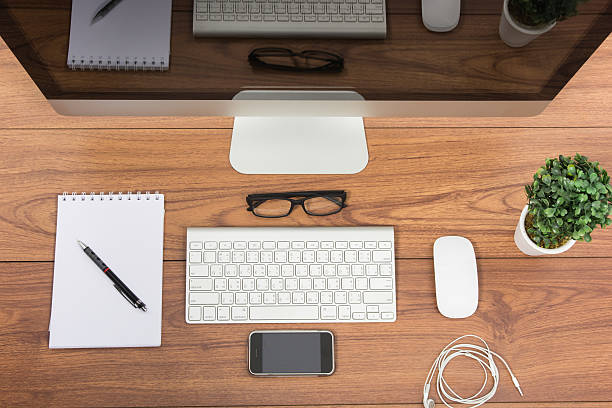 istock Business office top view computer monitor 579146008