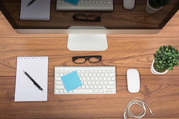 istock Business office top view computer monitor 579146066
