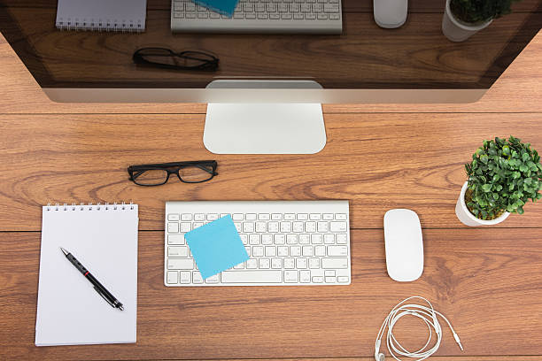 istock Business office top view computer monitor 579146126
