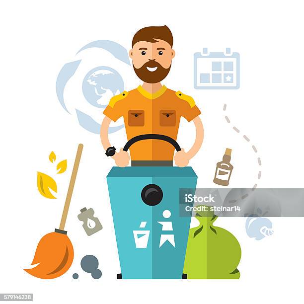 Vektorgarbage Collector Flacher Stil Bunte Cartoonillustration Stock Vektor Art und mehr Bilder von Gehen