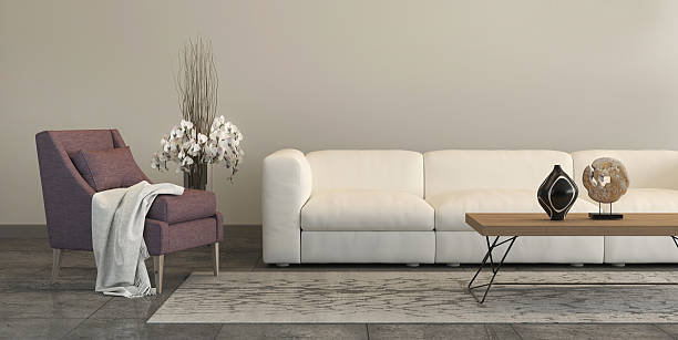 istock Purple armchair with white sofa and decoration 579146298