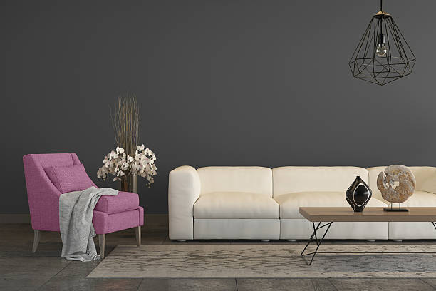 istock Purple armchair with a sofa and decoration 579146382