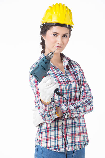 istock Industrial worker woman . Isolated over white background 579146450