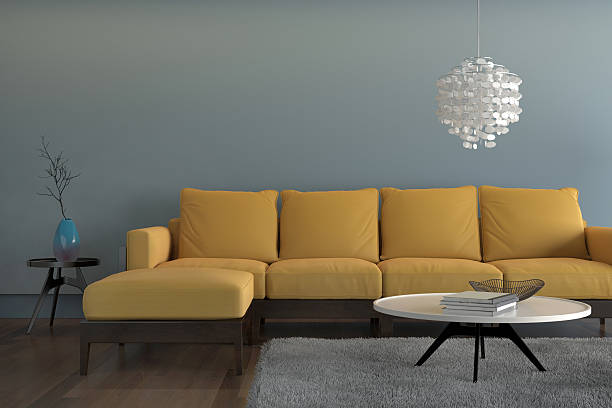 istock Contemporary living room with yellow sofa with light blue wall 579146460