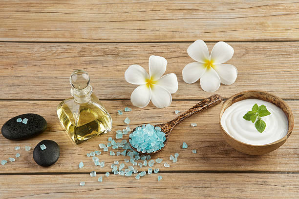 istock spa setting concept with oil bottle, blue salt sea 579146576