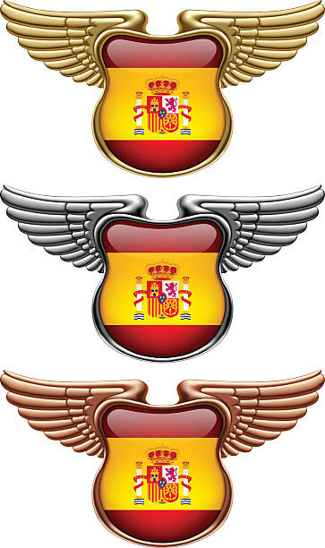 ilustrações de stock, clip art, desenhos animados e ícones de gold, silver and bronze award signs with wings and spain flag - shield bronze gold silver