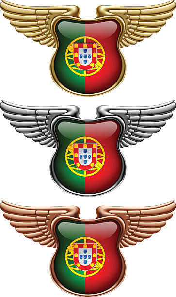 ilustrações de stock, clip art, desenhos animados e ícones de gold, silver and bronze award signs with wings and portugal flag - shield bronze gold silver