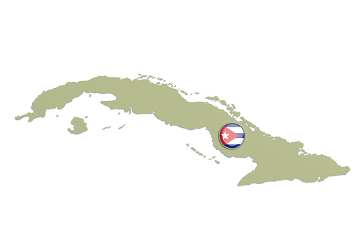 3d rendering of Cuba map and button with flag on white background