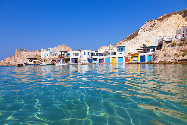 Fyropotamos bay in Milos, Greece clear turquoise waters and typical greek fishing village cyclades islands stock pictures, royalty-free photos & images