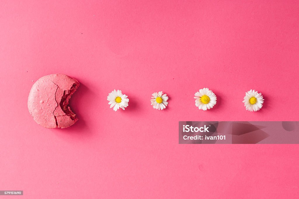 Macaroon con margherite su sfondo rosa - Foto stock royalty-free di Amaretto