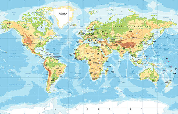 Physical World Map Highly detailed colored vector illustration of world map - atlantic ocean stock illustrations