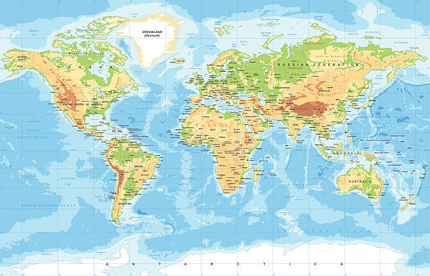 Physical World Map Highly detailed colored vector illustration of world map - relief map stock illustrations