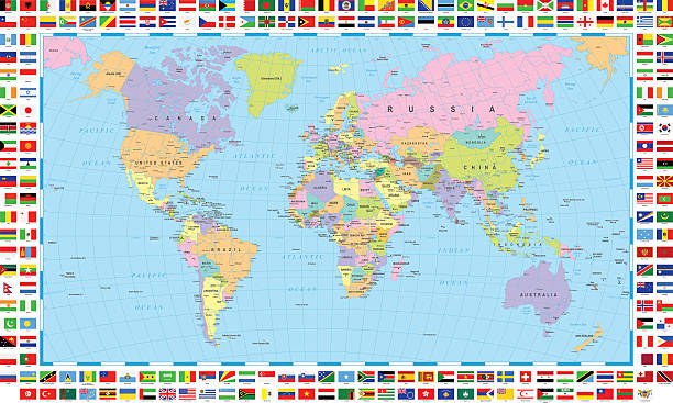 ilustraciones, imágenes clip art, dibujos animados e iconos de stock de mapamundi de colores y banderas - flag of the world