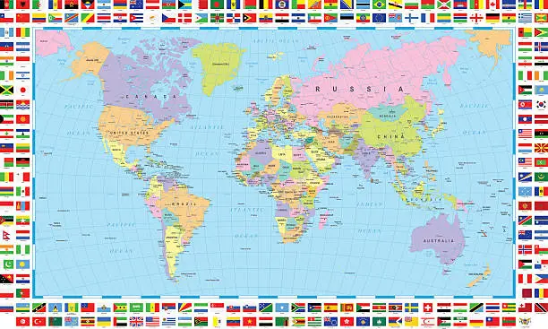 Vector illustration of Colored World Map and Flags
