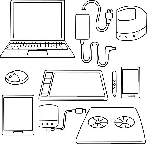 Vector illustration of vector set of computer, smart device and computer accessories