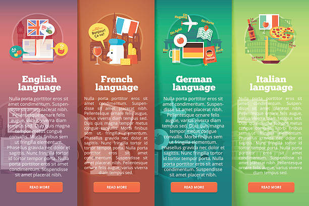 ilustraciones, imágenes clip art, dibujos animados e iconos de stock de conjunto de pancartas verticales de escuelas de idiomas extranjeros. - french culture dictionary france text