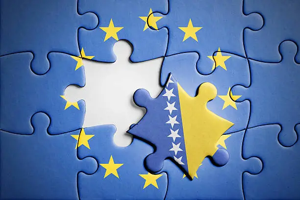 Bosnia and Hercegovina. Accession to the European Union concept puzzle. Flag of European Union on puzzle in background, with one blank place and one piece with flag of Bosnia and Hercegovina in front. Studio shot. Horizontal orientation.